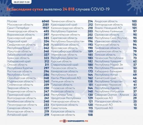 В России за сутки зарегистрировали 24 818 новых случаев коронавируса1