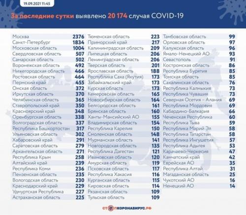 За сутки в России зафиксировали 20 174 случая заболевания коронавирусом1