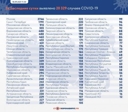 За сутки в России зафиксировали 20 329 случаев заболевания коронавирусом1