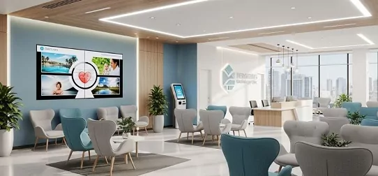Приёмная кардиологической клиники с креслами и экраном