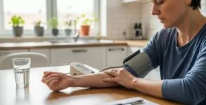 Женщина измеряет давление дома